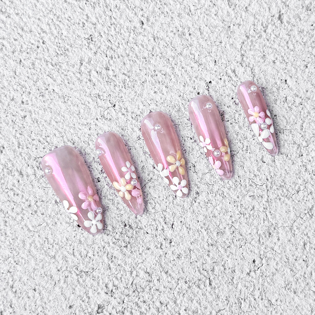 Fincloset Blossom Tips Long Almond Iridescent Pink Press-On Nails with Floral Accents at Tips, Feminine and Elegant Design
