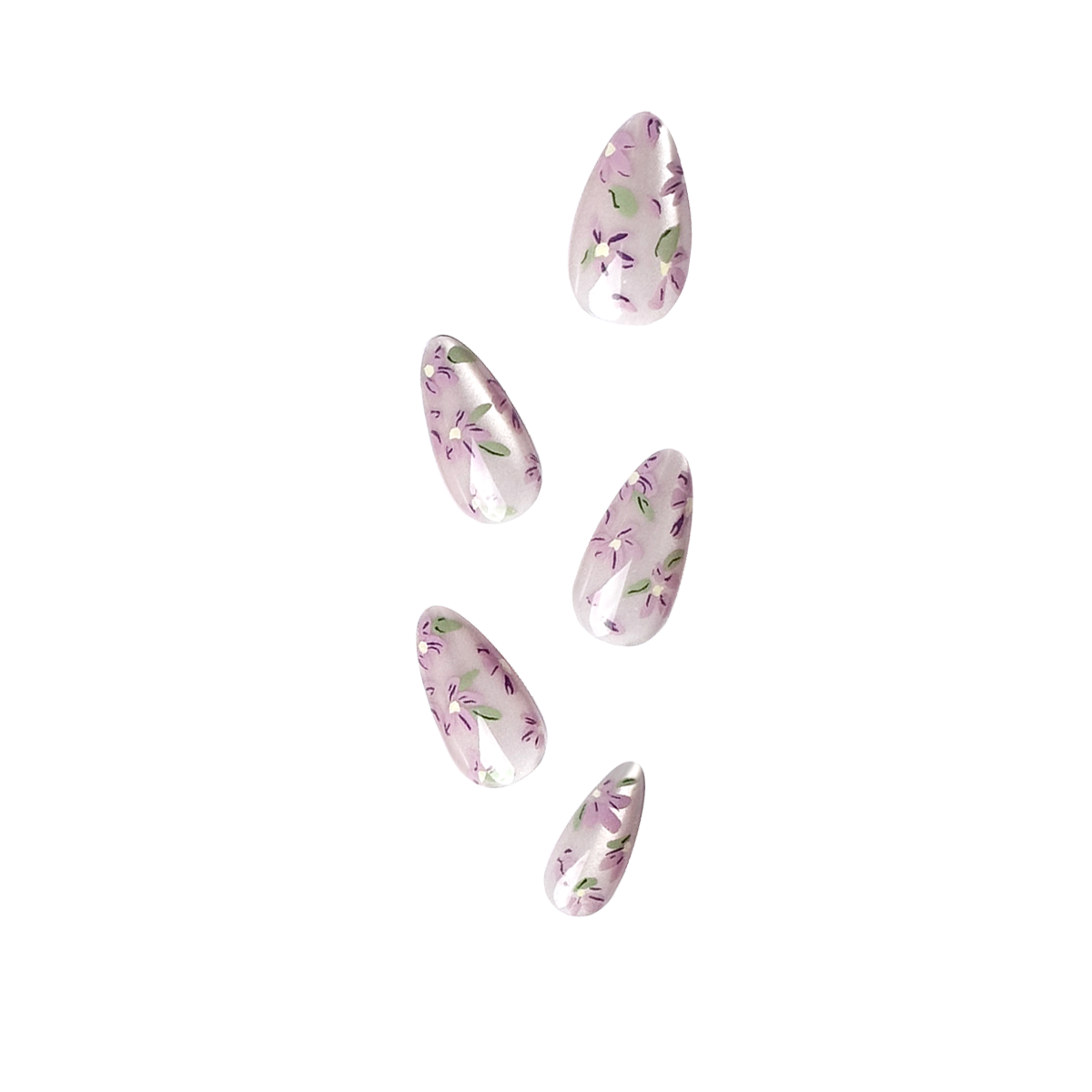 Fincloset light purple floral cat-eye press-on nails with a soft, fresh spring vibe, featuring a subtle shimmer and a natural almond shape for an elegant, feminine look.