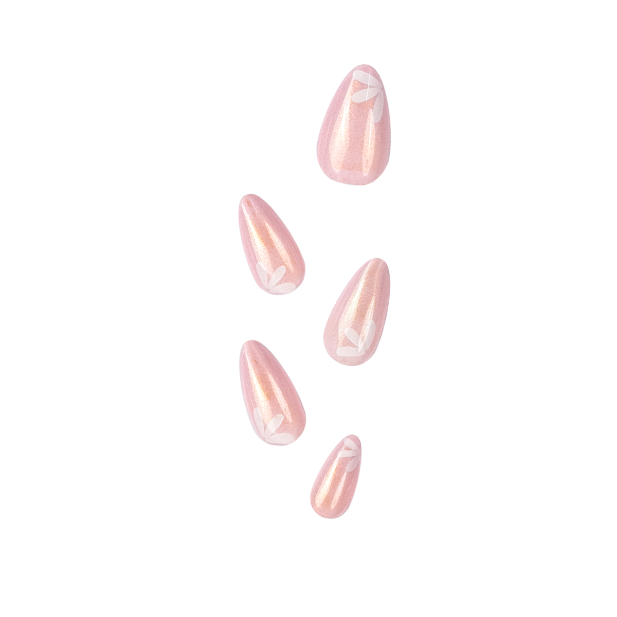Fincloset soft pink natural almond-shaped press-on nails with yellow shimmer, fine glitter, and dainty white floral designs, creating a fresh, feminine, and radiant spring-inspired manicure.