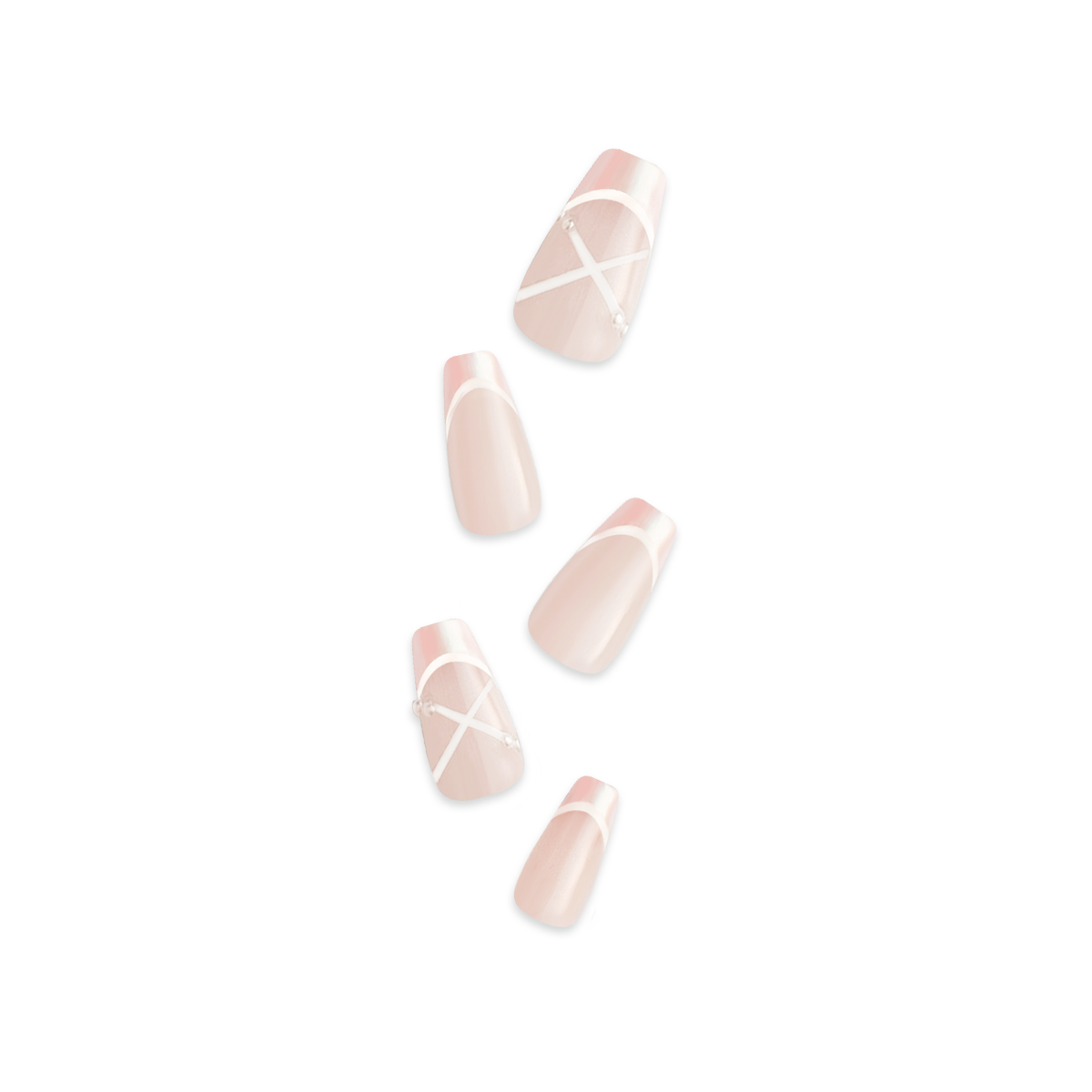 Handmade coffin-shaped press-on nails with a translucent nude base, satin pink French tips, and white ribbon-like crisscross details, inspired by ballet shoes.