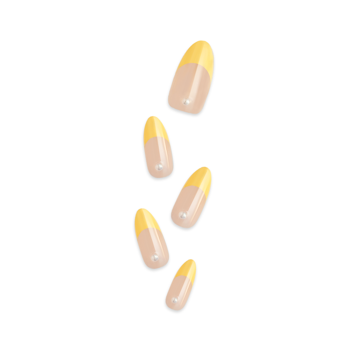 Handmade almond-shaped press-on nails with soft yellow French tips and delicate pearl accents, exuding elegance and simplicity.