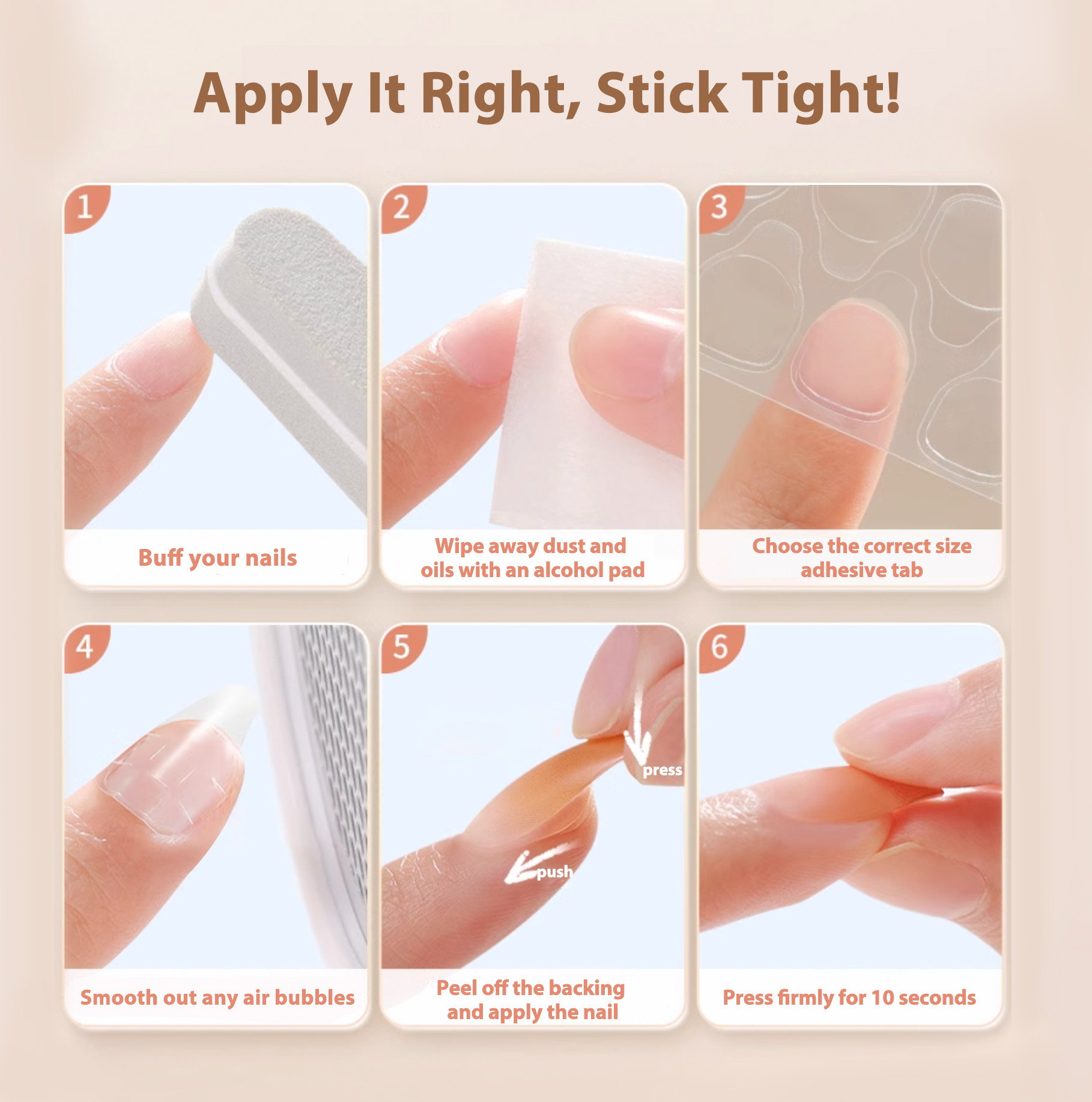 Damage-free and easy-to-use adhesive tabs for firm and gentle press-on nail application and removal.