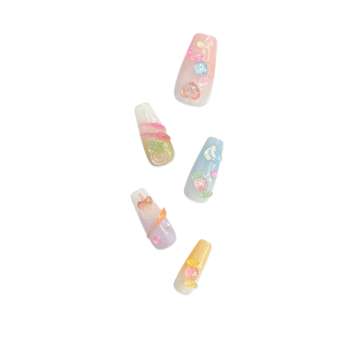 Fincloset Candy Pop Handmade Coffin-Shaped Press-On Nails with Colorful Jelly Candy-Inspired Accents, Sweet and Playful Design