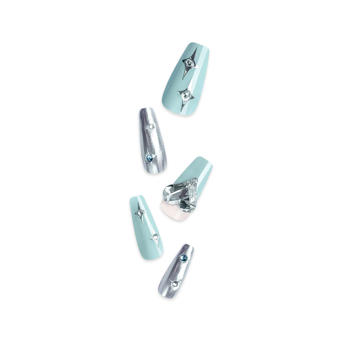 Fincloset Blue Sparkle Handmade Coffin-Shaped Press-On Nails in Creamy Blue with Silver Accent, Star and Heart Gem Details for a Playful Look