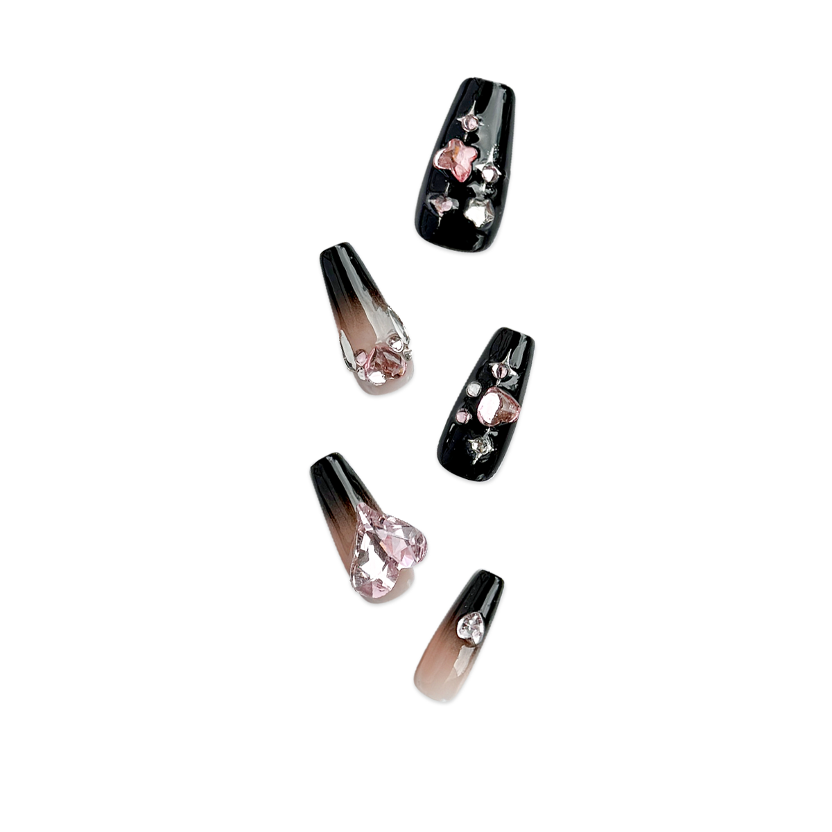 Handcrafted coffin-shaped press-on nails with black gradients, pink heart and butterfly gems, rhinestones, and star accents. Sweet, edgy, and playful.