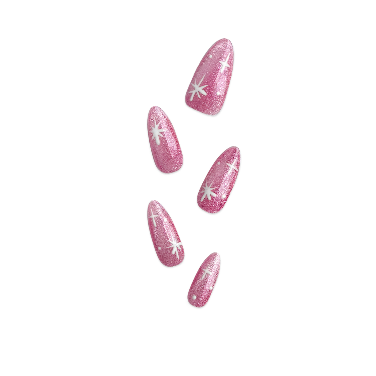 Almond-shaped press-on nails in party pink with shimmering cat-eye finish and twinkling four-point star designs. Perfect for parties and festive occasions.