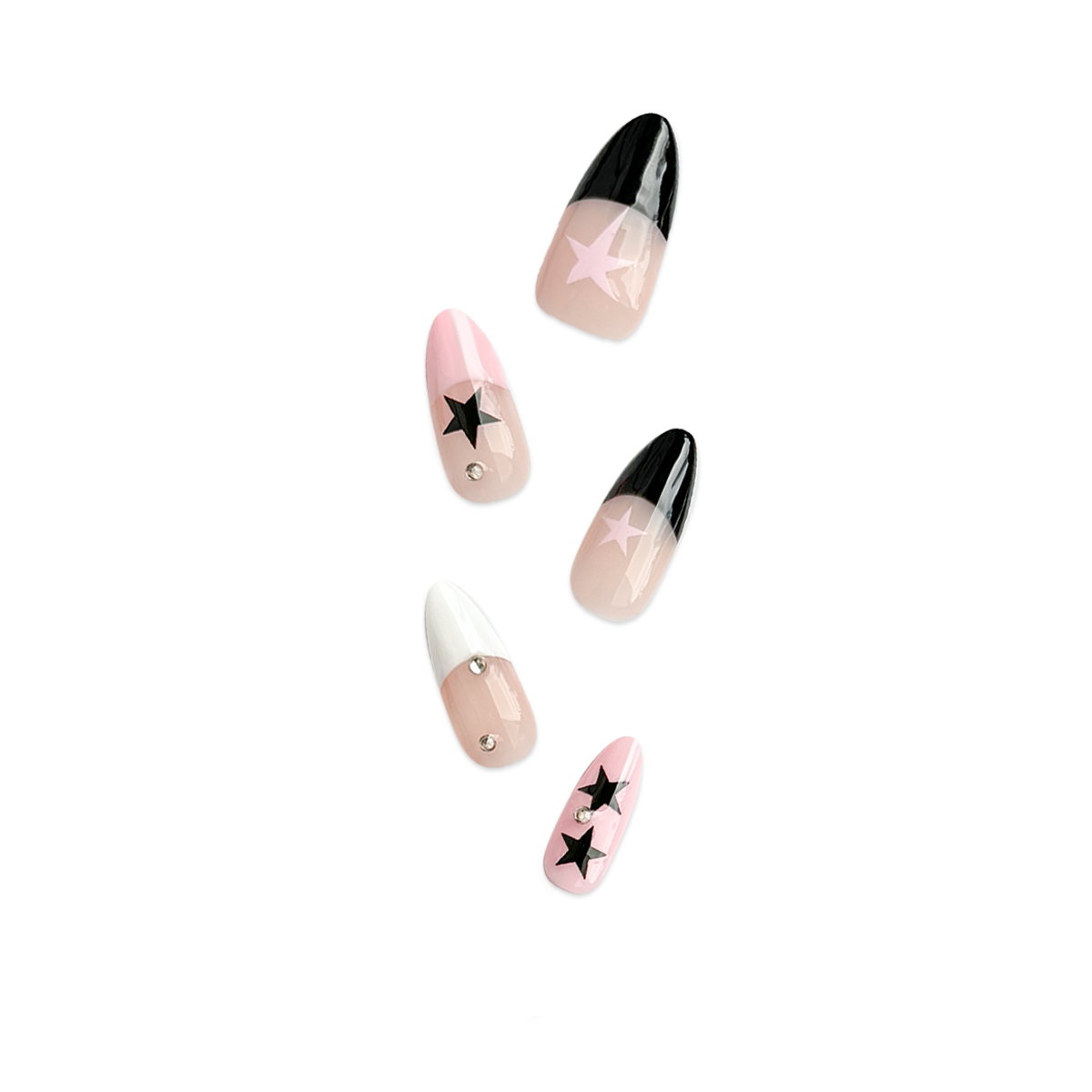 Handcrafted almond-shaped press-on nails in black and pink with bold star designs. Stylish and edgy for a striking look.