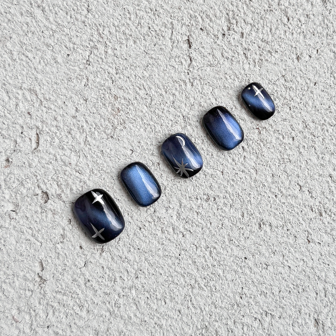 Fincloset Cosmic Whisper Handmade Short Square Press-On Nails in Deep Blue Cat Eye with Star Accents, Inspired by the Mysteries of the Universe