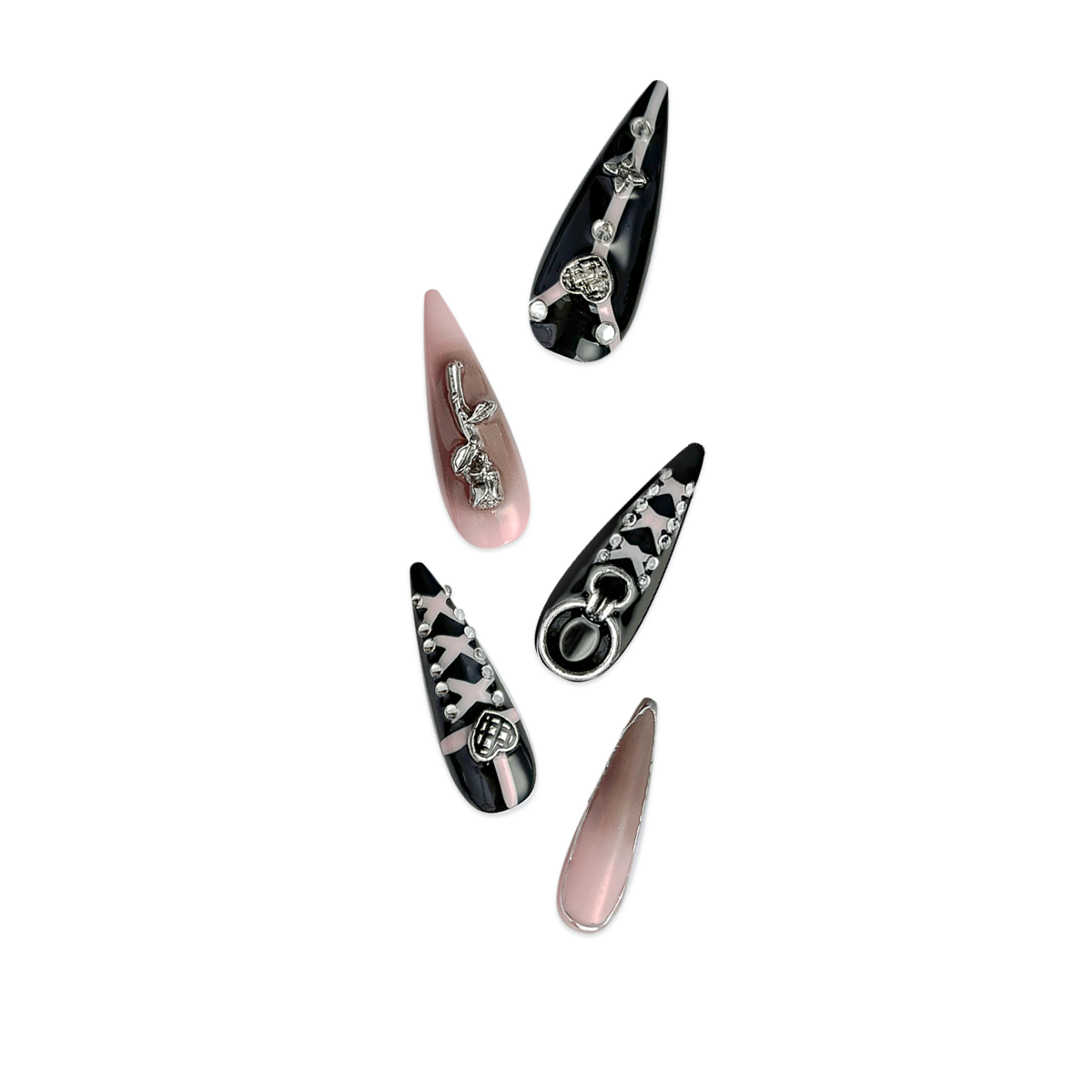 Handcrafted stiletto-shaped press-on nails in black and pink with metallic heart charms, silver rose details, and bold pink line patterns. Sweet, edgy, and daring.