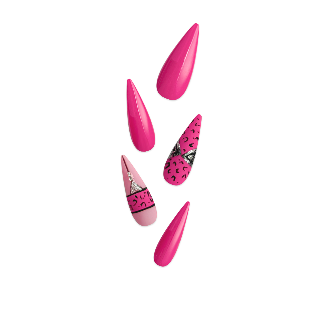 Handmade stiletto-shaped press-on nails in matte and glossy rose pink with bold cheetah print design.