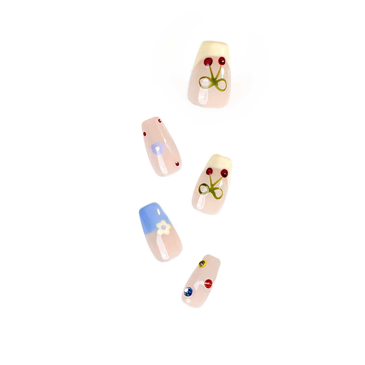 Close-up of Fincloset’s Dream Puff handmade press-on nails featuring pastel yellow and baby blue French tips, delicate blue flowers, cherry designs, and colorful rhinestones for a cute and whimsical summer look.