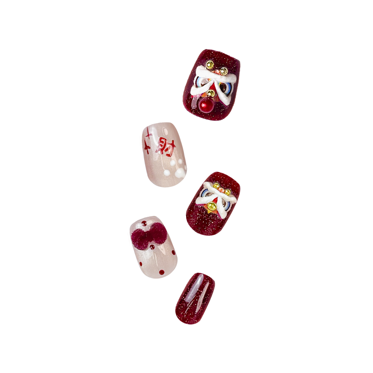 Close-up of Lion Fortune handmade short square press-on nails featuring lion dance designs and ‘财’ symbol, symbolizing good fortune and prosperity for Chinese New Year.