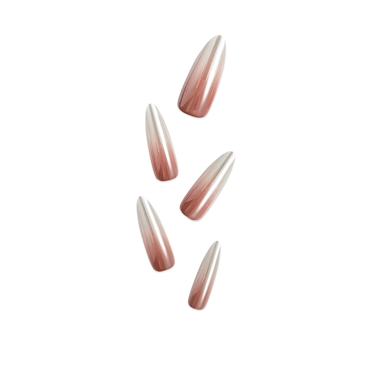 Stiletto-shaped press-on nails with a satin finish, featuring a nude-to-white gradient. Elegant and soft style for a refined look.