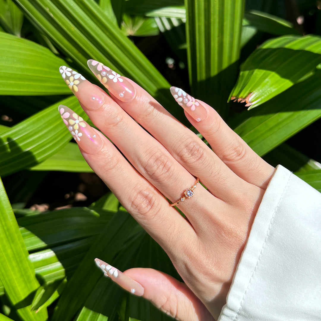 Fincloset Blossom Tips Long Almond Iridescent Pink Press-On Nails with Floral Accents at Tips, Feminine and Elegant Design