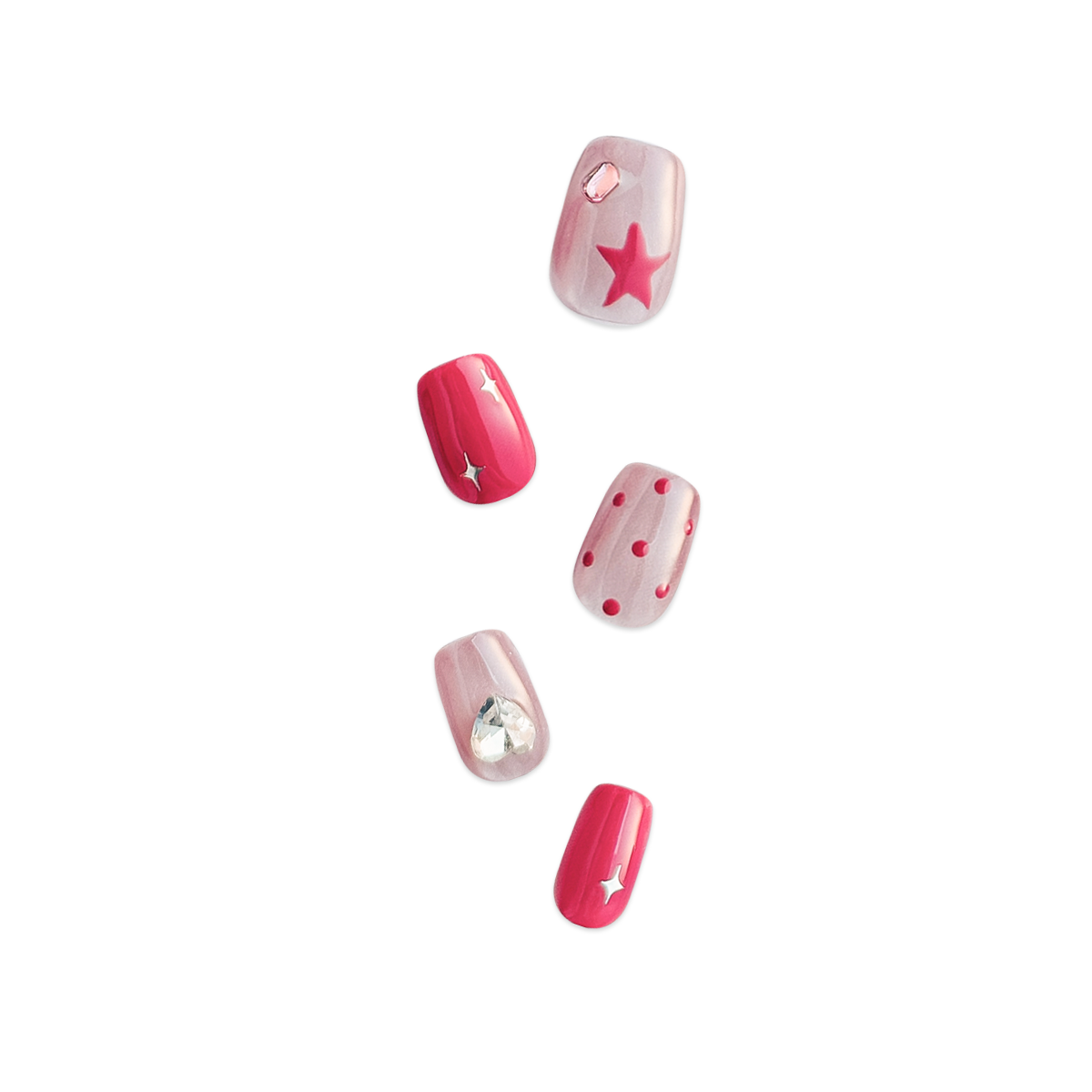 Handcrafted short square-shaped press-on nails in rosy smokey pink with soft pink cat-eye accents, featuring polka dots, stars, and diamond details for a sweet, playful, and charming style.