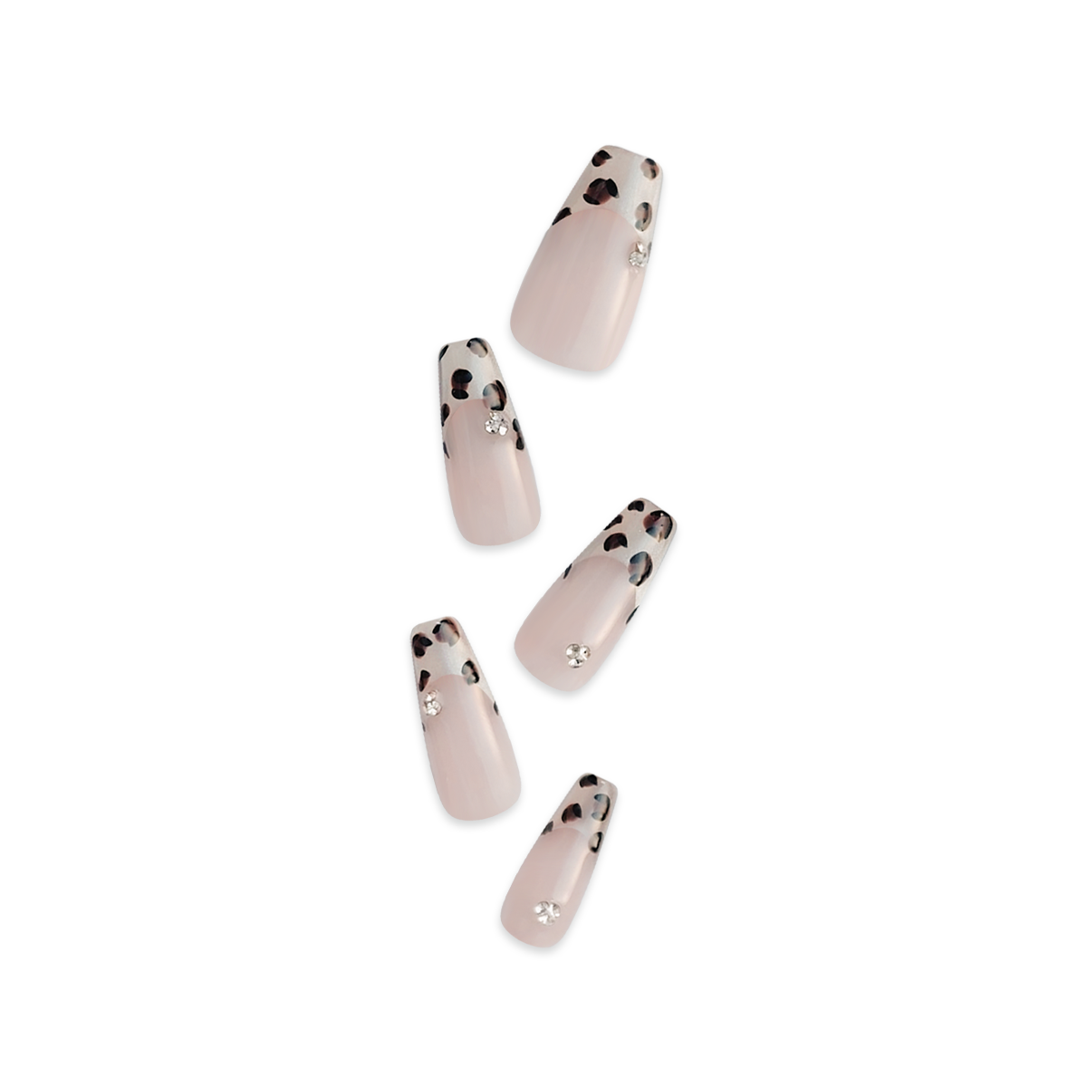 Handmade coffin-shaped press-on nails with silver French tips, brown cow print, and delicate diamond accents for a bold, stylish, and wild look.