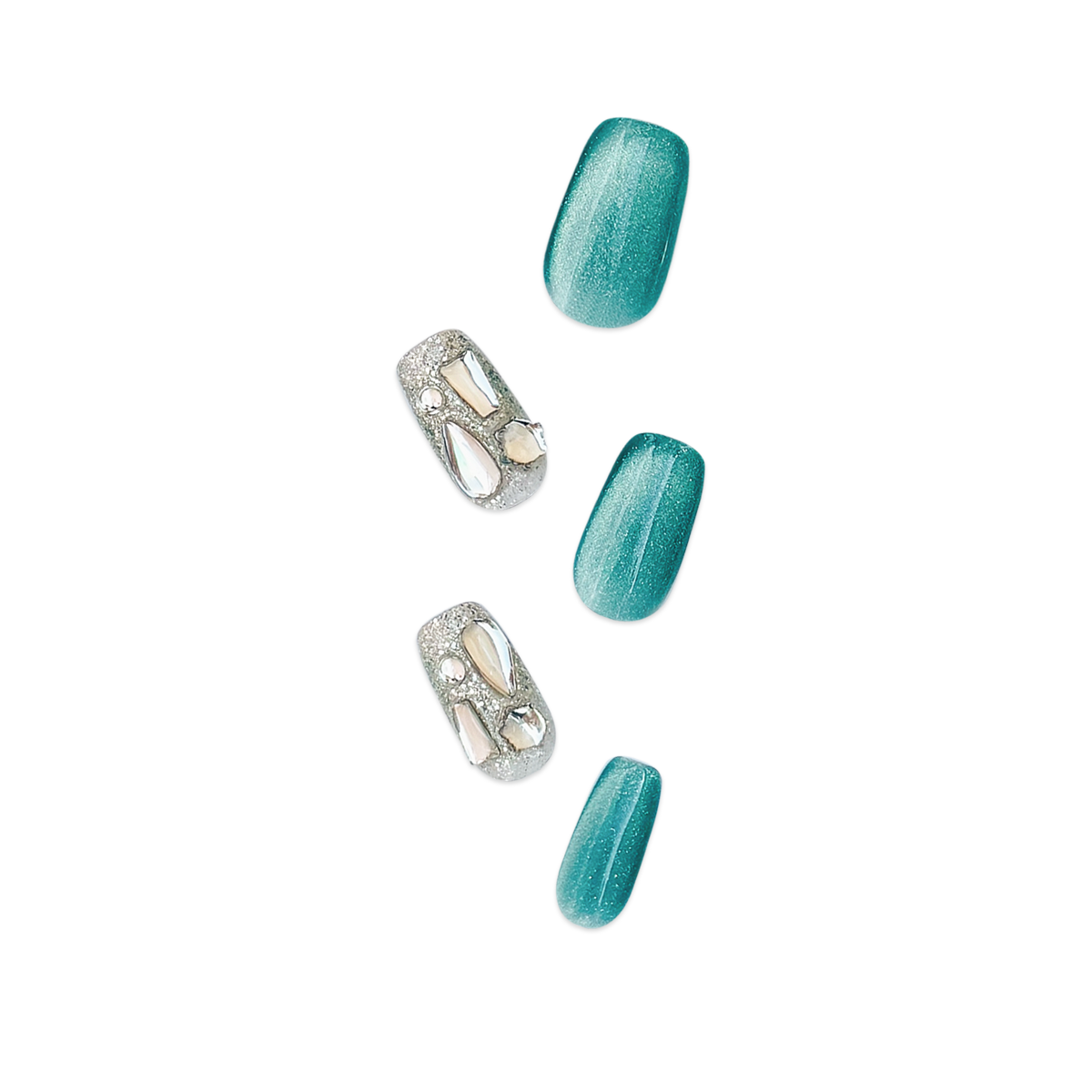 Handmade square-shaped press-on nails with blue-green cat-eye effect, silver accents, and unique crystal embellishments, inspired by vibrant ocean hues.