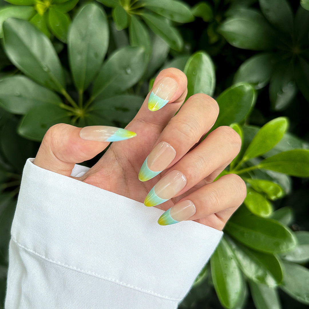 Fincloset almond-shaped sheer French press-on nails with mint green to yellow gradient tips, fresh and minimalist design.