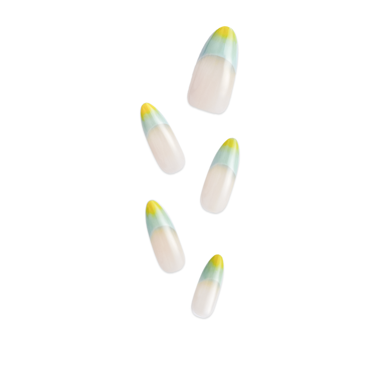 Fincloset almond-shaped sheer French press-on nails with mint green to yellow gradient tips, fresh and minimalist design.