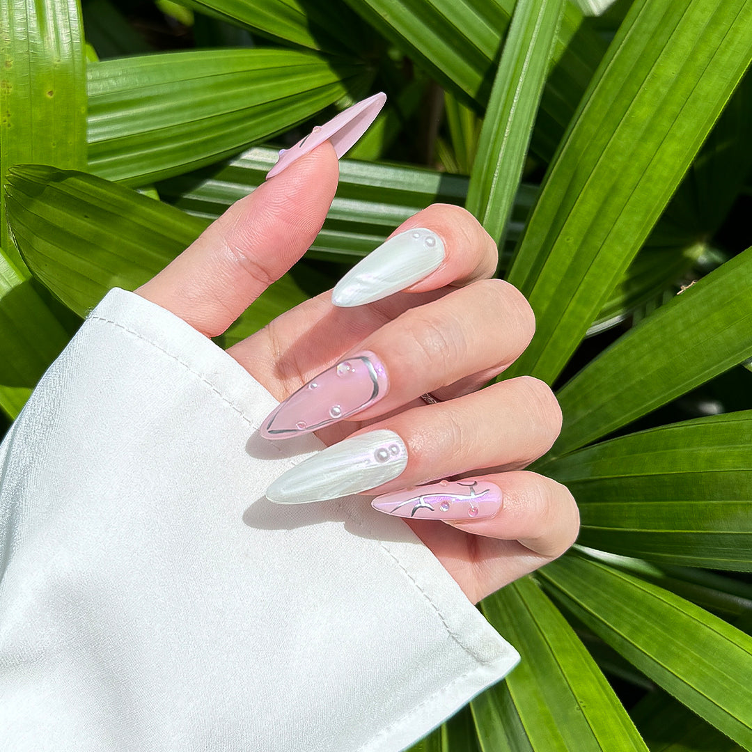 Fincloset Cupid's Arrow Handmade Long Almond Press-On Nails, Iridescent White and Pink with Silver Lines and Pearl Accents, Sweet & Edgy Style