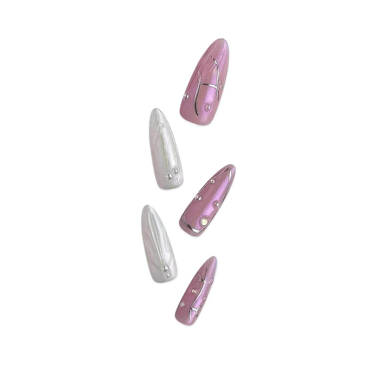 Fincloset Cupid's Arrow Handmade Long Almond Press-On Nails, Iridescent White and Pink with Silver Lines and Pearl Accents, Sweet & Edgy Style