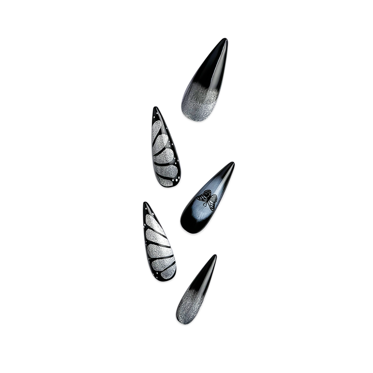 Stiletto-shaped press-on nails in black and silver, featuring glittery silver butterfly wing designs. Handmade with a dark, edgy, and unique butterfly-inspired style.