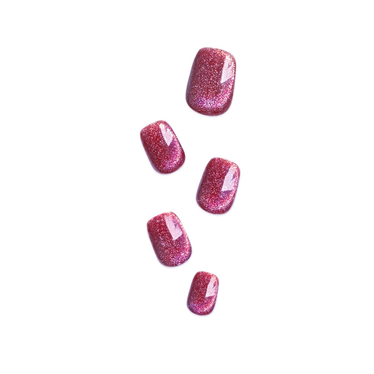 Handmade short glossy cat eye press-on nails in semi-transparent hawthorn red with a jelly-like shimmer, Fincloset Lady Luxe collection