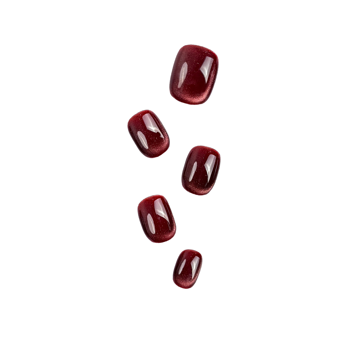 Handmade short glossy cat eye press-on nails in semi-transparent hawthorn red with a jelly-like shimmer, Fincloset Lady Luxe collection