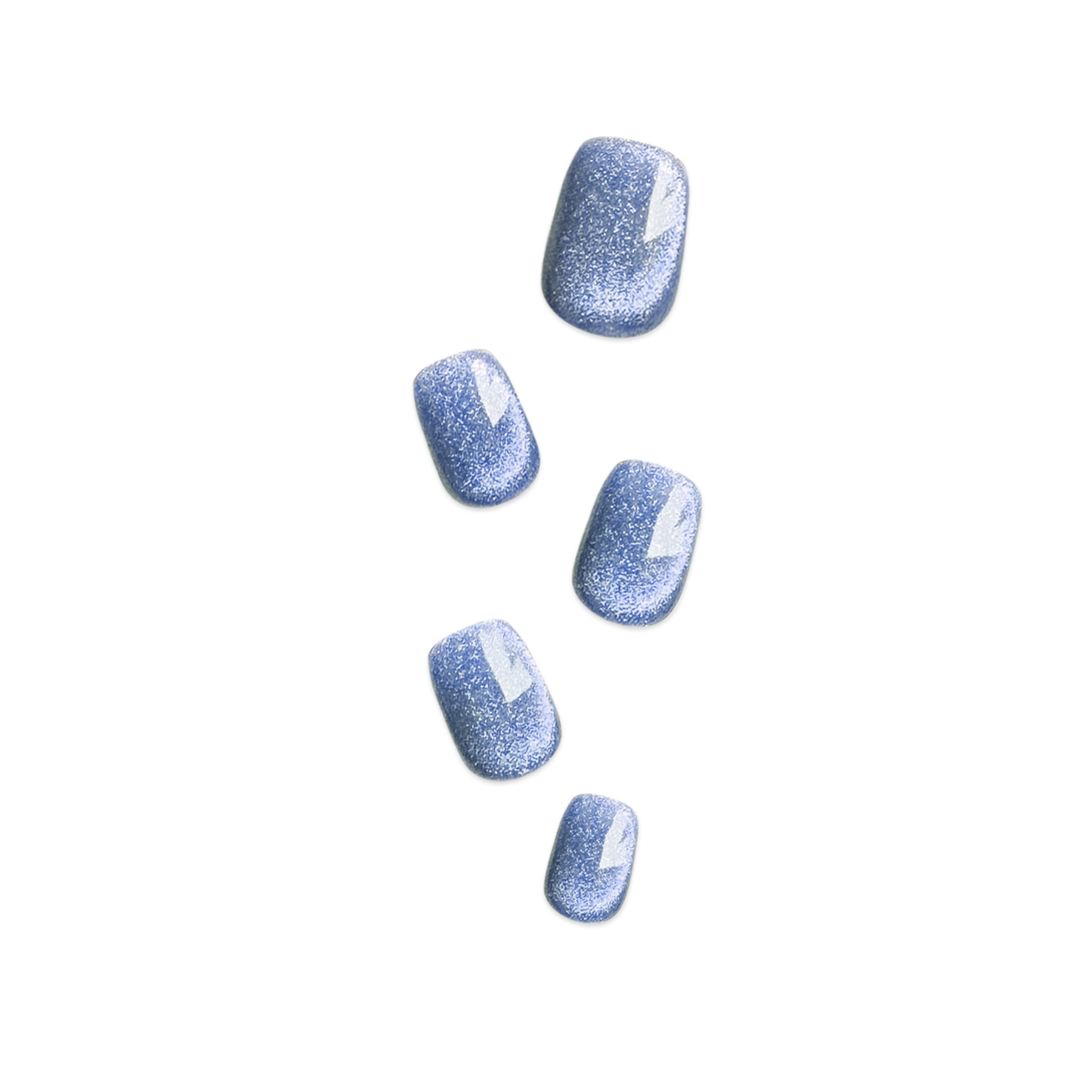 Handmade short glossy cat eye press-on nails in low-saturation blue with a soft reflective finish, Fincloset Casual Elegance collection