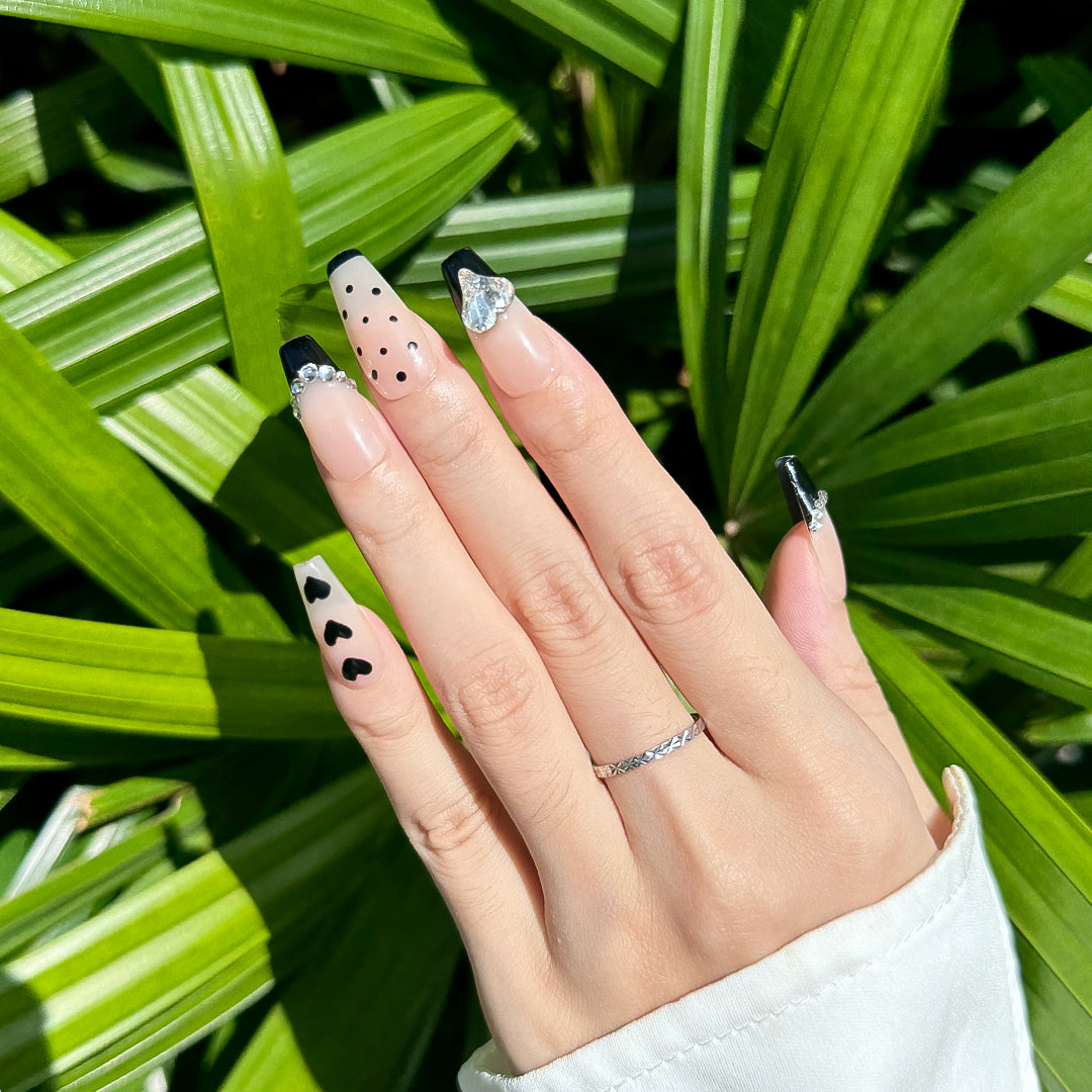 Fincloset Date With Me Handmade Coffin-Shaped French Tip Nails, Black Tips with Polka Dots, Hearts, and Sparkling Rhinestones, Elegant and Playful Date Night Style