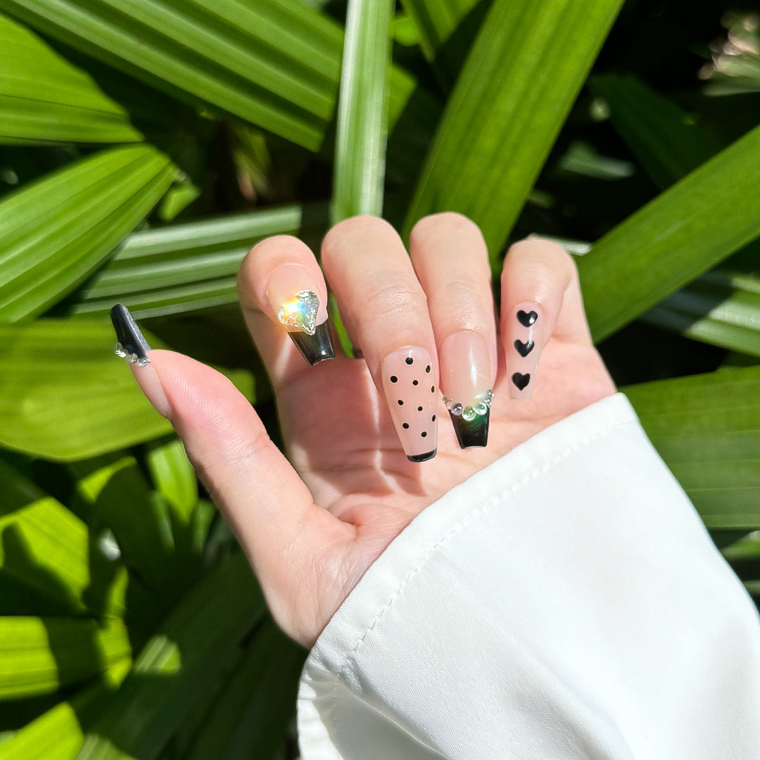 Fincloset Date With Me Handmade Coffin-Shaped French Tip Nails, Black Tips with Polka Dots, Hearts, and Sparkling Rhinestones, Elegant and Playful Date Night Style