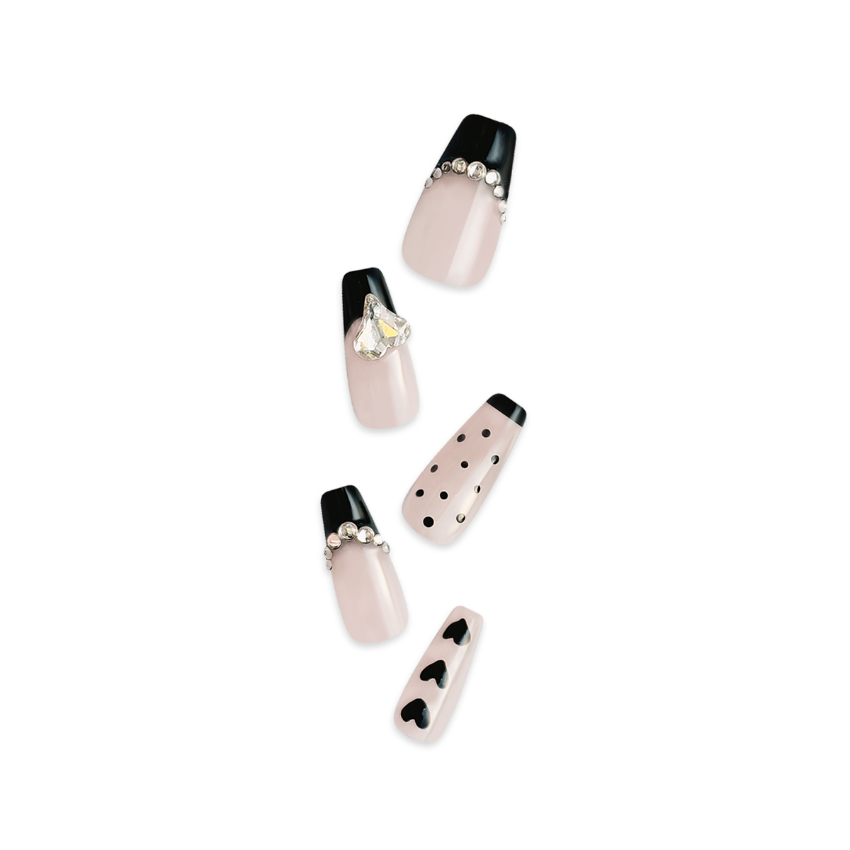 Fincloset Date With Me Handmade Coffin-Shaped French Tip Nails, Black Tips with Polka Dots, Hearts, and Sparkling Rhinestones, Elegant and Playful Date Night Style