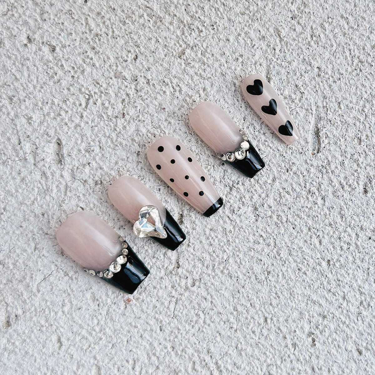 Fincloset Date With Me Handmade Coffin-Shaped French Tip Nails, Black Tips with Polka Dots, Hearts, and Sparkling Rhinestones, Elegant and Playful Date Night Style