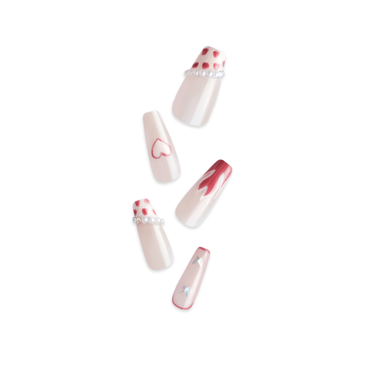 Handcrafted coffin-shaped press-on nails with translucent nude base, pink cow print, flame, heart designs, and pearl accents. Cute, playful, and elegant style.