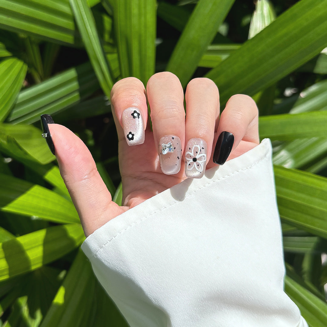 Fincloset Crystal Petal Handmade Medium Square Press-On Nails, Black & White with Satin Silver Cat Eye Accents and Floral Designs for a Chic, Playful Look