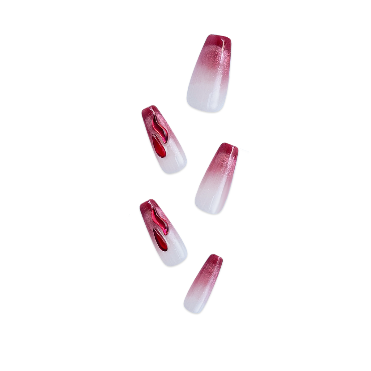 Fincloset Burning Love Handmade Coffin-Shaped Fake Nails with Crimson French Tips, Sparkling Flame-Inspired Gem Accents