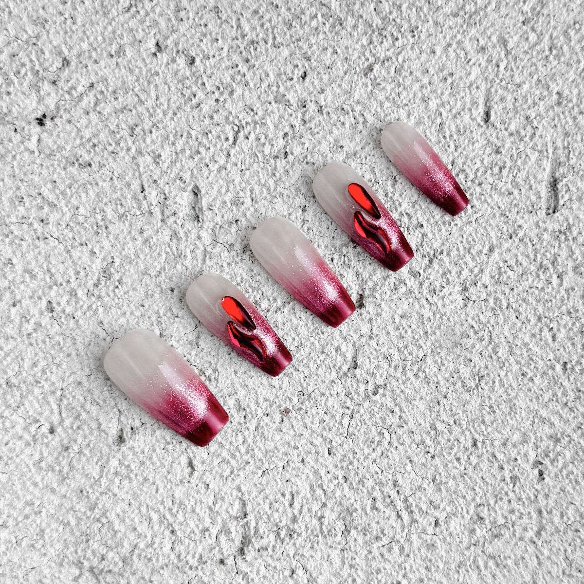 Fincloset Burning Love Handmade Coffin-Shaped Fake Nails with Crimson French Tips, Sparkling Flame-Inspired Gem Accents