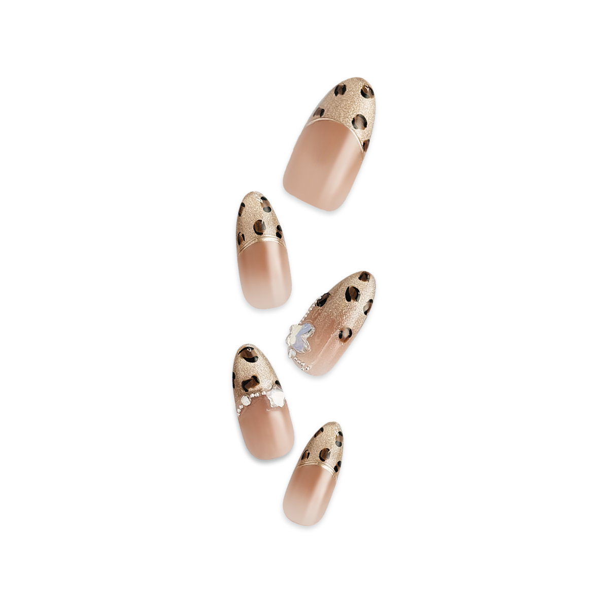 Fincloset handmade almond-shaped press-on nails with golden brown glossy French tips featuring shimmery cat-eye leopard print, blending elegance and boldness.