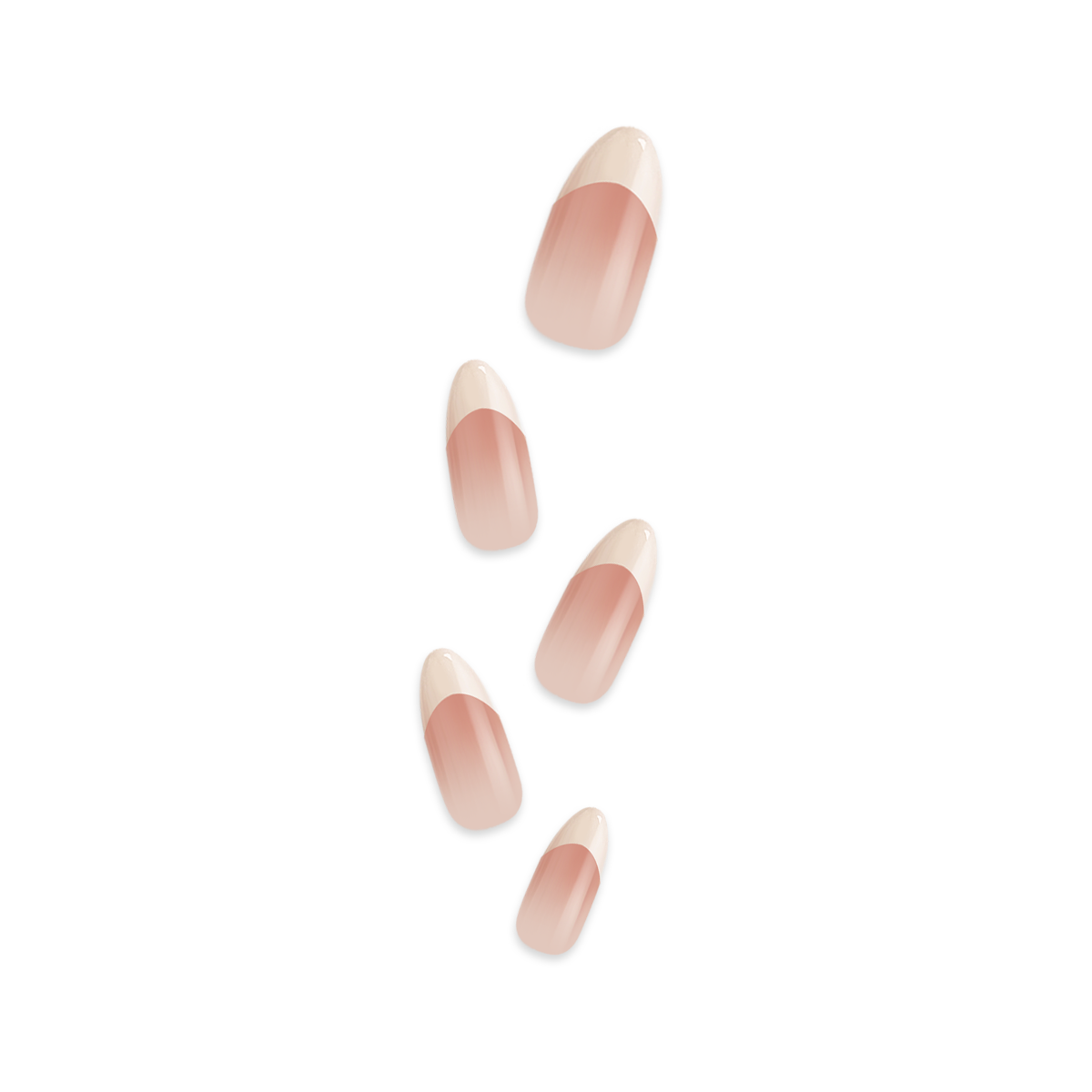 Handmade almond-shaped press-on nails with glossy nude-pink gradient French tips, offering a soft, elegant, and minimalist style.