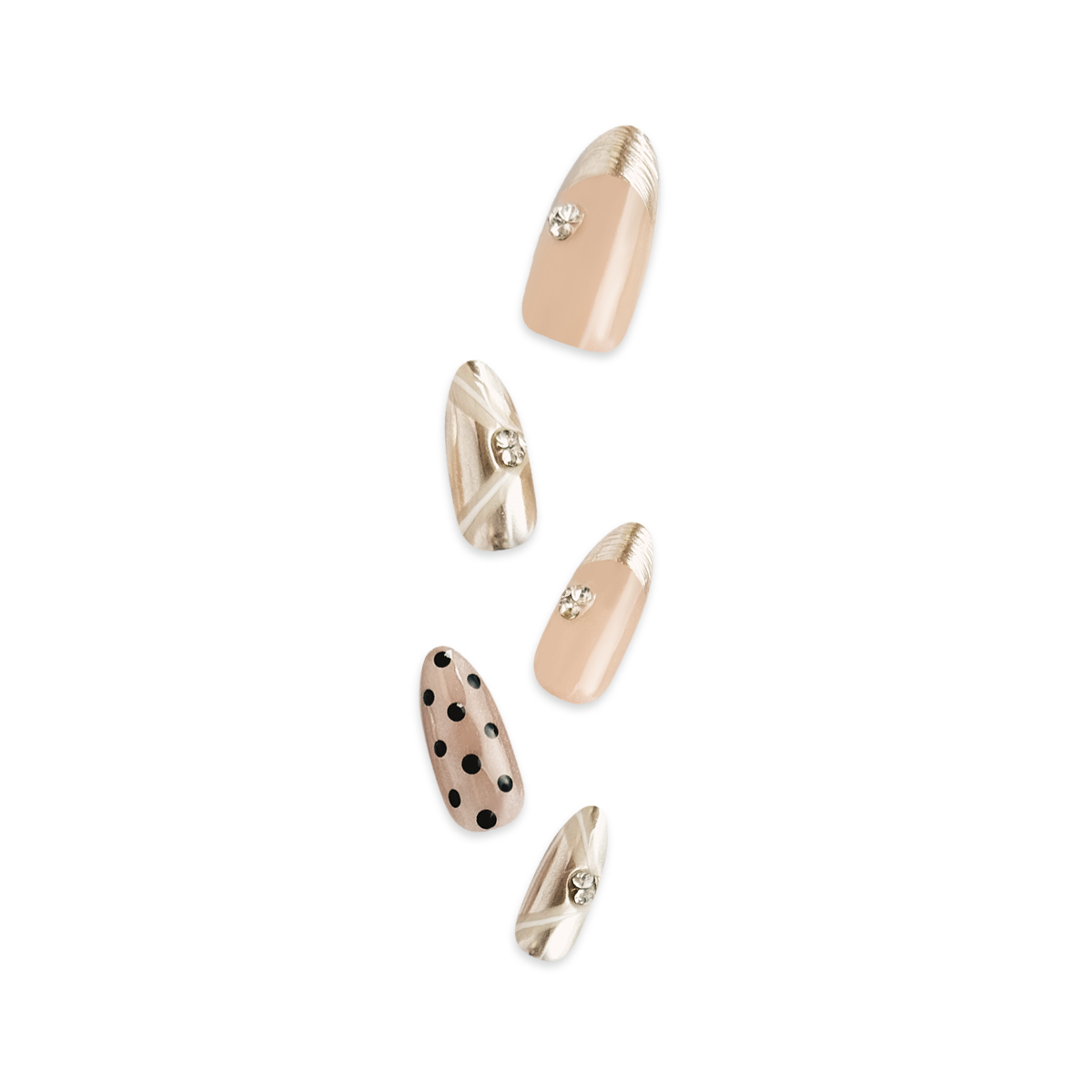 Almond-shaped press-on nails in nude and champagne gold with polka dots, gold brushed French tips, metallic mirror accents, white ribbon designs, and small gem embellishments. Luxurious and elegant.