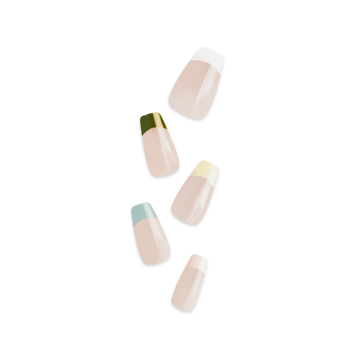 Handmade coffin-shaped sheer French press-on nails with colorful tips in red, pink, blue, green, white, and yellow.