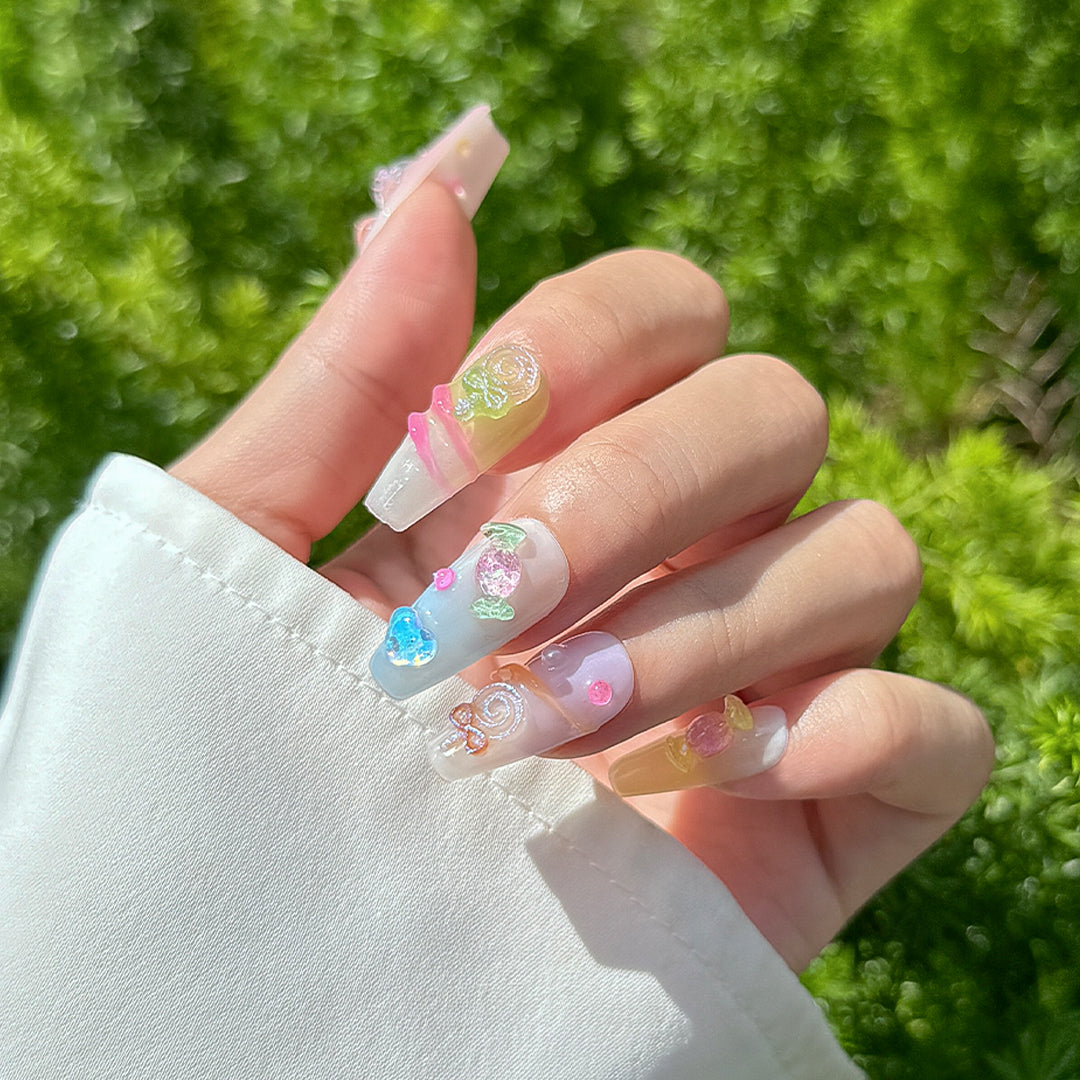 Fincloset Candy Pop Handmade Coffin-Shaped Press-On Nails with Colorful Jelly Candy-Inspired Accents, Sweet and Playful Design