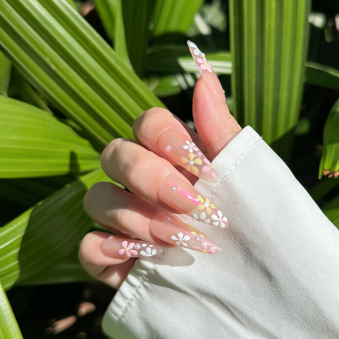 Fincloset Blossom Tips Long Almond Iridescent Pink Press-On Nails with Floral Accents at Tips, Feminine and Elegant Design