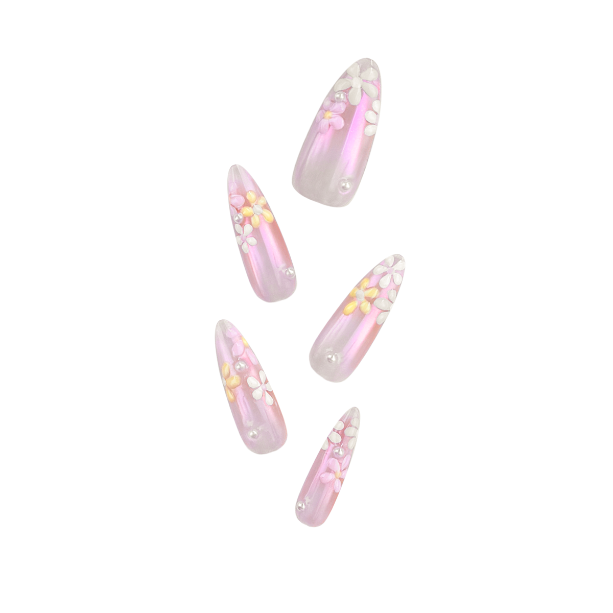 Fincloset Blossom Tips Long Almond Iridescent Pink Press-On Nails with Floral Accents at Tips, Feminine and Elegant Design