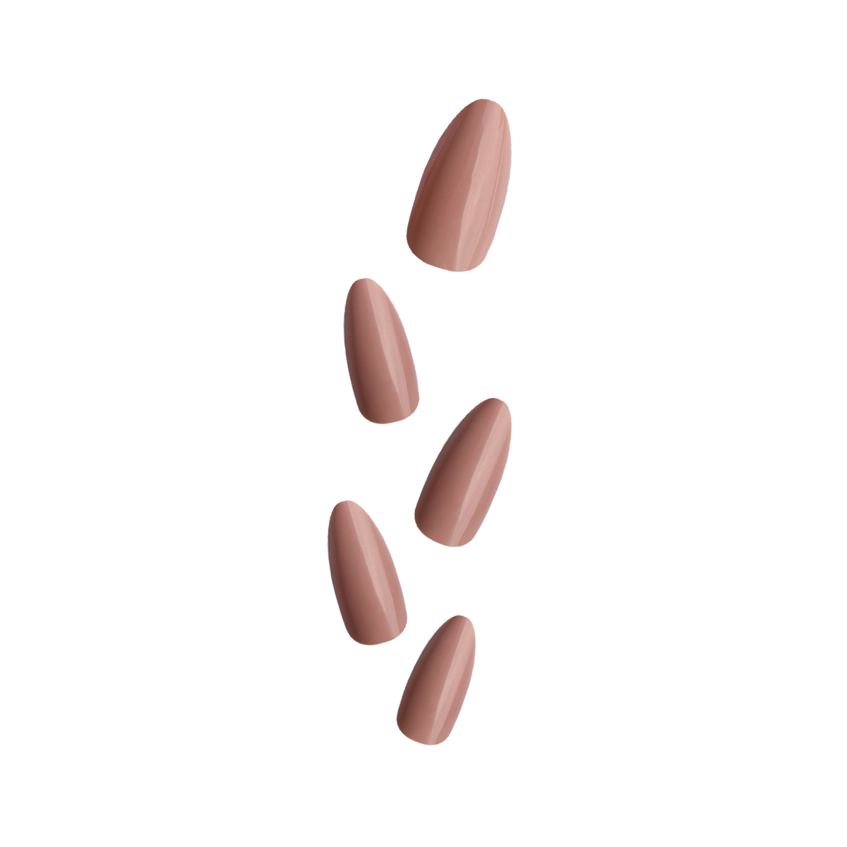 Glossy almond-shaped press-on nails in a rich brown tone, perfect for a versatile and stylish look.