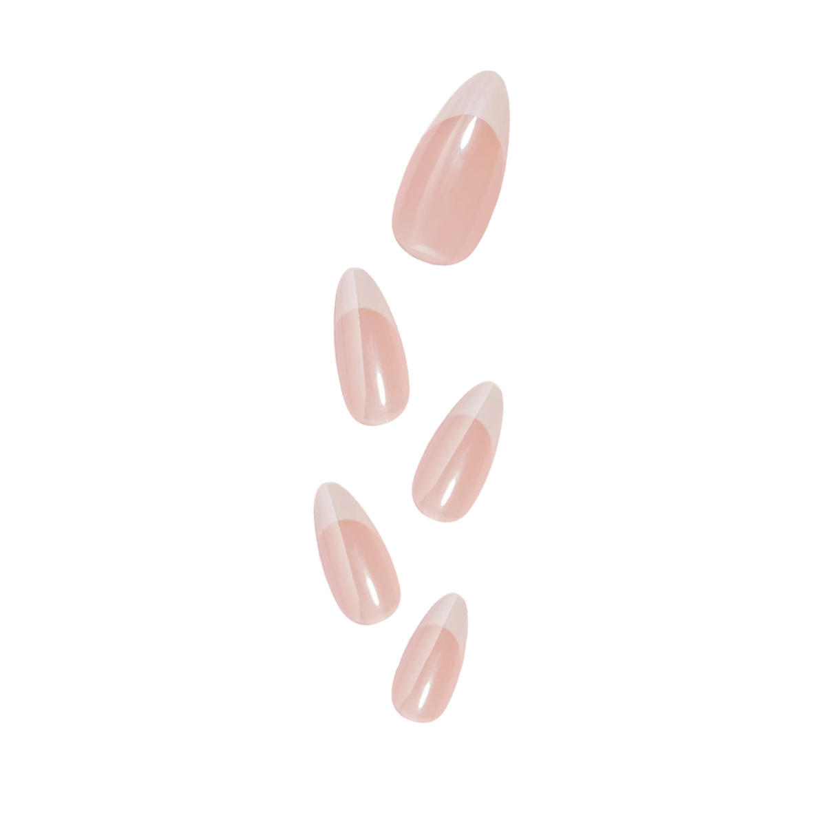 Glossy satin almond-shaped French tips press-on nails in nude pink, offering a delicate and chic finish.